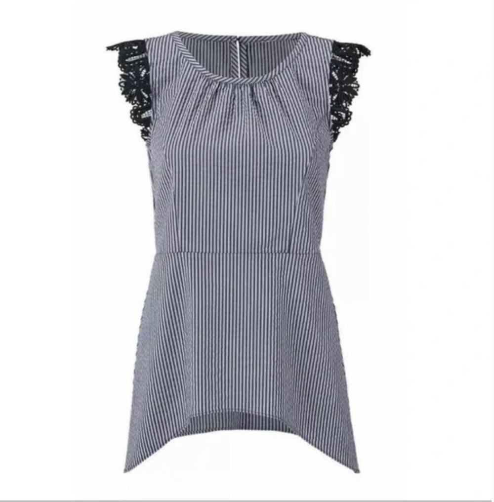 Cabi Size S Olivia Lace Flutter Sleeveless Top 5727 Stripe Navy